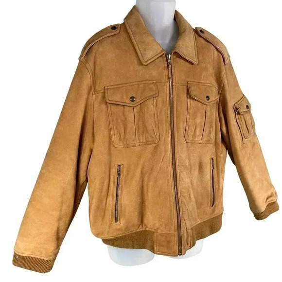 Roundtree & Yorke Mens L Genuine Leather Bomber Jacket Tan Diamond Quilted Liner - Picture 7 of 16